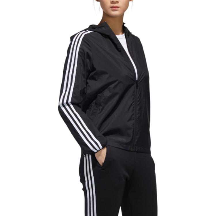 adidas Spliced Stripe Casual Double Pocket Hooded Jacket Women Outerwear Black GF0188