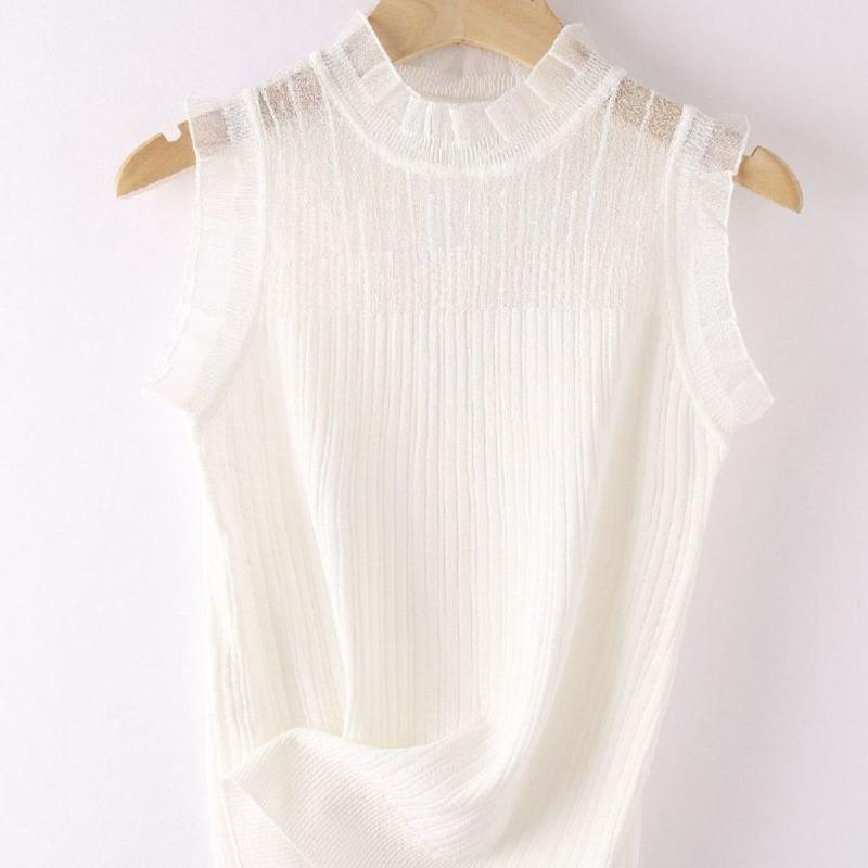 Gilet Tricoté Sans Manches en Dentelle Élégant avec Col Haut en Maille Chemise de Base pour Femme pour le Port Intérieur