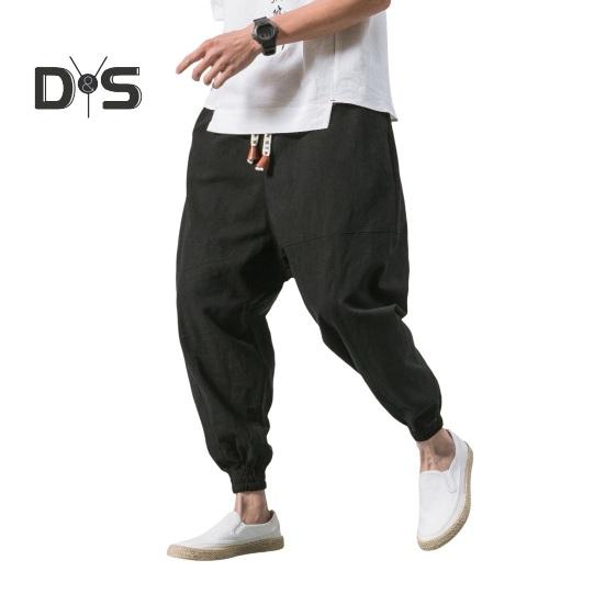 

Летние мужские брюки-шаровары, свободные карманы до щиколотки, чистый цвет, большие размеры, японский стиль, глубокая промежность, повседневная одежда, длинные брюки L чёрный