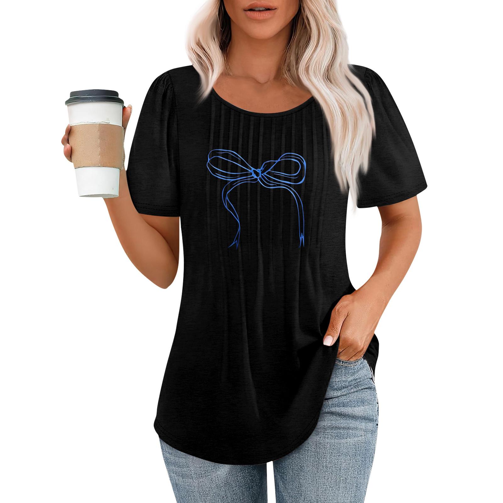 

Женская модная повседневная плиссированная футболка с круглым вырезом и бантом, с короткими рукавами L чёрный