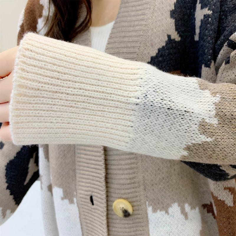 Fashion Loose Knitted Cardigan Printed Sweater Women's 2025 New V Neck Long Sleeve Casual Office Simple Spring and Autumn Coat Outside Clothing