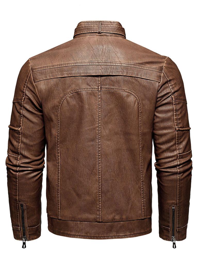 Herren Europäische & Amerikanische Slim Fit PU-Leder Motorradjacke mit Stehkragen und Plüschfutter