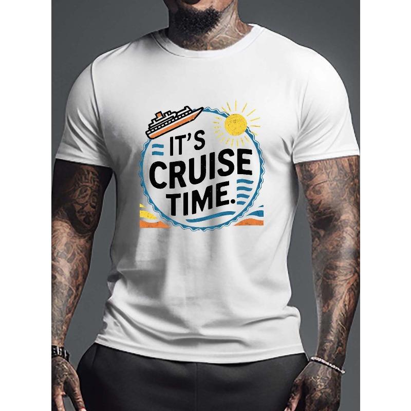 European Size Plus Size Men's Summer T-shirt, It's CRUISE Time Design Graphic Print Short Sleeve Tees, Trendy Casual Tops For Daily Life, Big & Tall