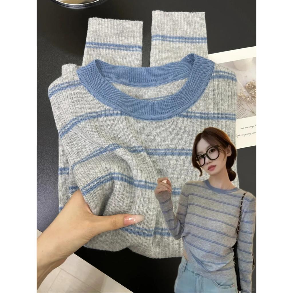 Autumn and winter sweater women's contrasting striped knitted top soft waxy casual versatile front shoulder warm inner long-sleeved bottoming shirt