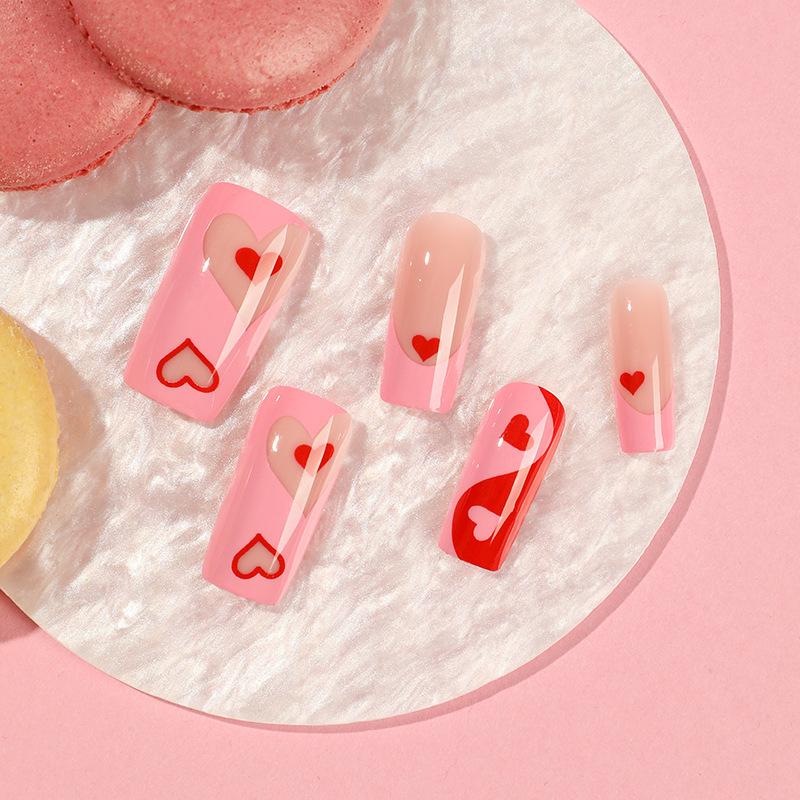 Valentine's Day French Pink Edge Heart Nail Stickers – Removable Wearable Nail Tips