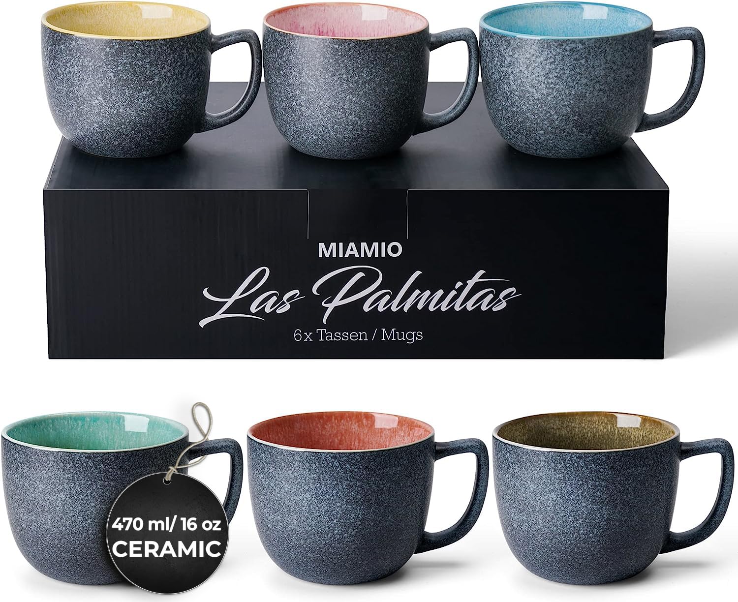 

MIAMIO - 470ml Coffee Cups x 6 / Mug Set / Large Coffee Cups / Modern Stoneware Coffee Mugs, Las Palmitas Collection, Set of 6