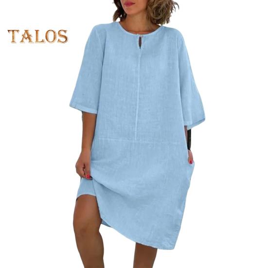 Rochie de vară pentru femei, cu mânecă lungă, cu guler rotund, stil midi, stil vară, vacanță, plajă, rochie de vară