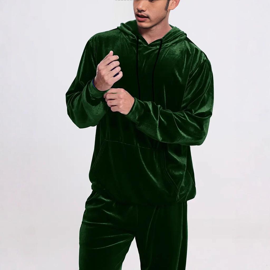 Fashion Solid Color Velvet Two Piece Sets Mens Fall Winter Casual Long Sleeve Hoodie And Pants Outfit Men Clothing Vintage Suits