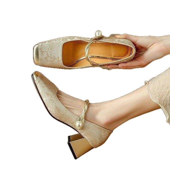 Spring high heels women's one-word single shoes new Chinese style color matching square head Mary Jane shoes French pearl thick heel