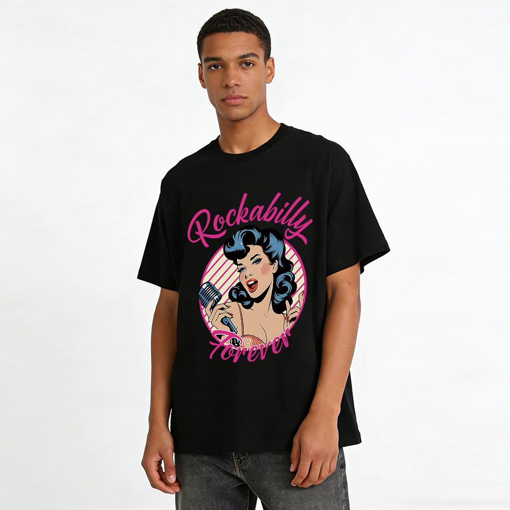 Rockabilly Forever Vintage Pin-up Girl Print T-shirt Retro Rock Style Casual Top for Men & Women Pure cotton T-shirt