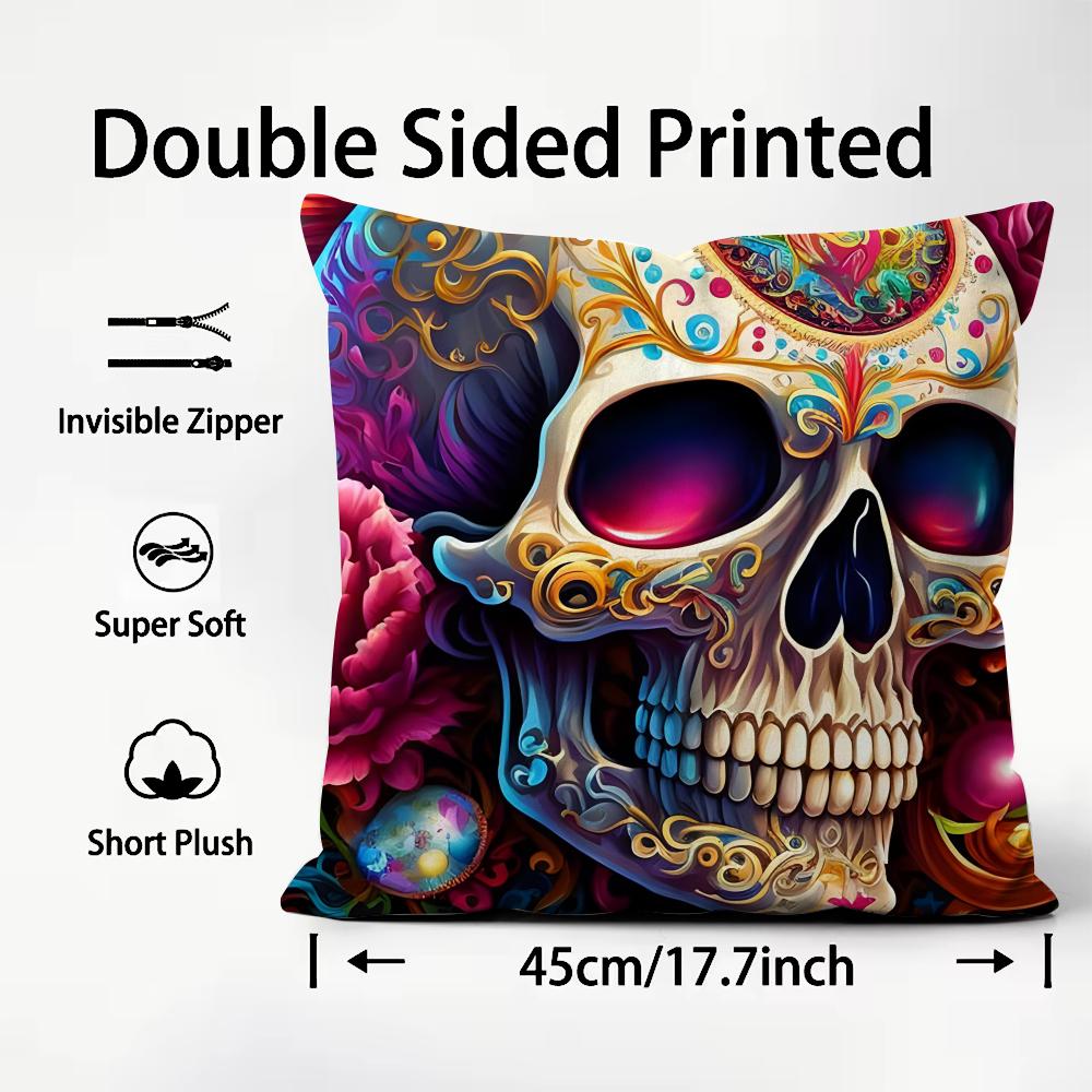 Colorful Skull Cool Cushion Cover Plush Fabric Soft Double-Sided Printed Sofa Warm Winter Home Child Gift Pillow Case