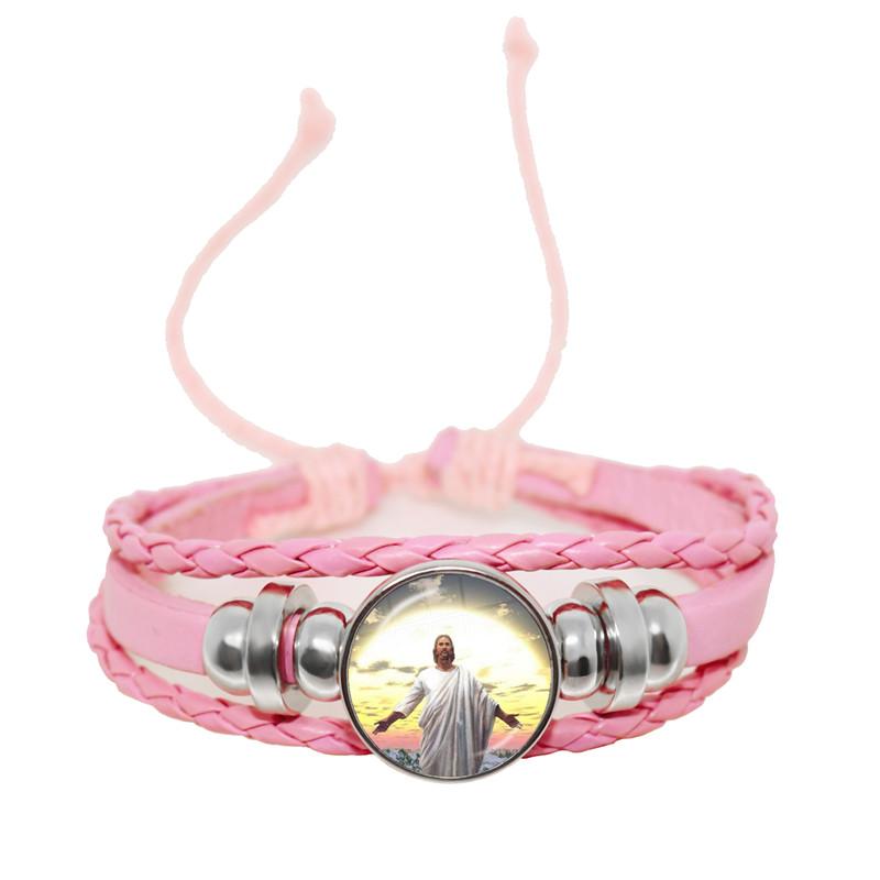 Virgin Mary Baby Jesus Christian Catholicism Jewelry Black Button Leather Bracelet Blessed Mother Religious Glass Cabochon Gift