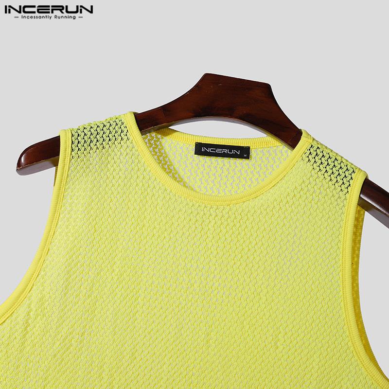 INCERUN Men Sleeveless See Through Hollow Out Beach Vest Tank Topss