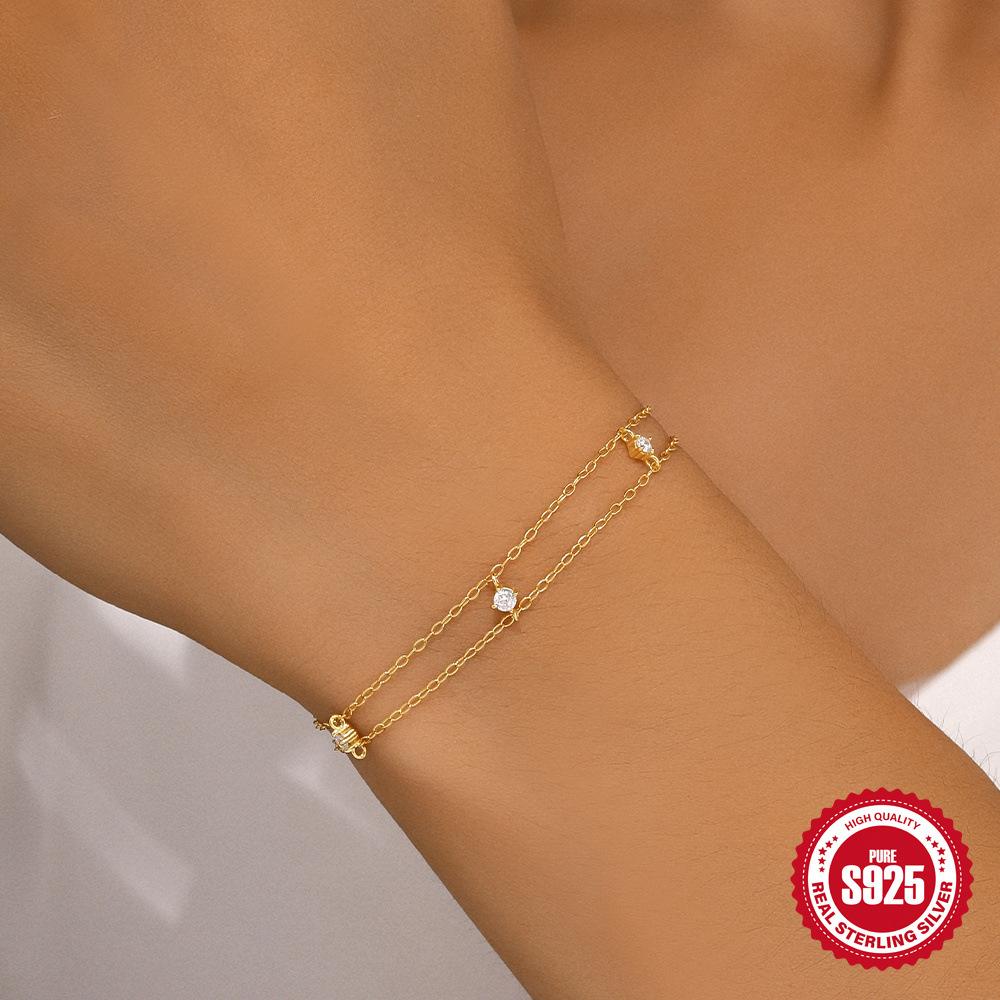 Daily Wear S925 Sterling Silver Double-Layer Diamond-Encrusted Versatile Fashion Bracelet Stacked Bracelet