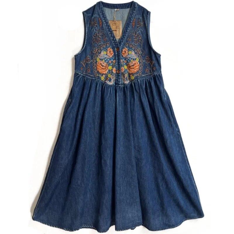 Johnature Damen Frühling Chinesischer Stil Stickerei V-Ausschnitt Ärmelloses Kleid Vintage Lose Baumwolle Lässig Großes Swing Kleid