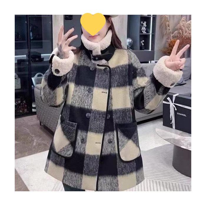 Winter 2024 Korean Style Wool Blend Plaid Patchwork Slimming Plus Size Overcoat XL