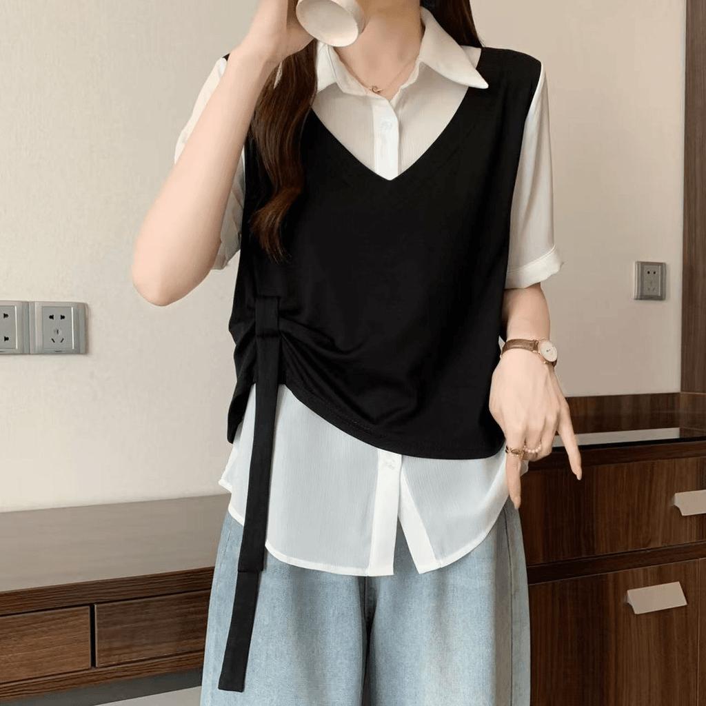 Summer new casual fake two-piece lapel splicing top versatile age-reducing thin short-sleeved contrasting shirt