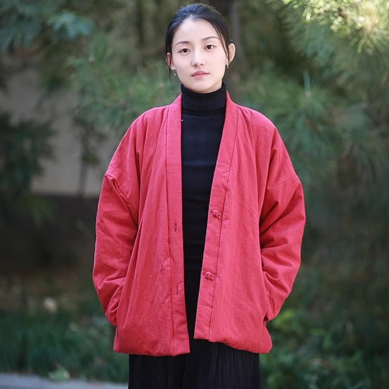 Johnature Women Vintage V-Neck Long Sleeve Winter Coats Solid Color Loose Warm Women Button Coats