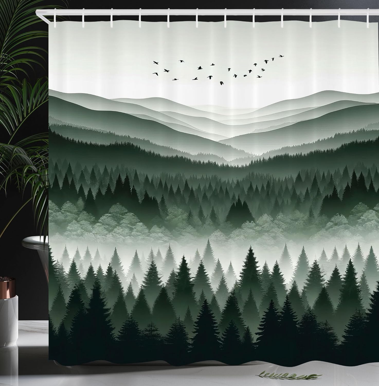 

Misty Mountain Shower Curtain Featuring Pine Trees And Bird Silhouettes Serene Scenic View Modern Bathroom Decor Artistic Print W60H190(CM)-1 Pcs