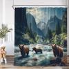 Brown Bear Animal Print Shower Curtain Forest Scenery Snow Mountain Stream Natural Landscape Polyester Bath Curtain With Hook
