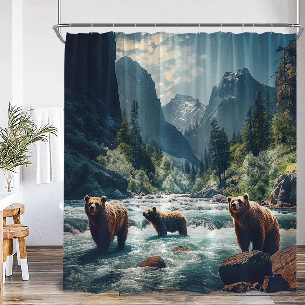 Brown Bear Animal Print Shower Curtain Forest Scenery Snow Mountain Stream Natural Landscape Polyester Bath Curtain With Hook