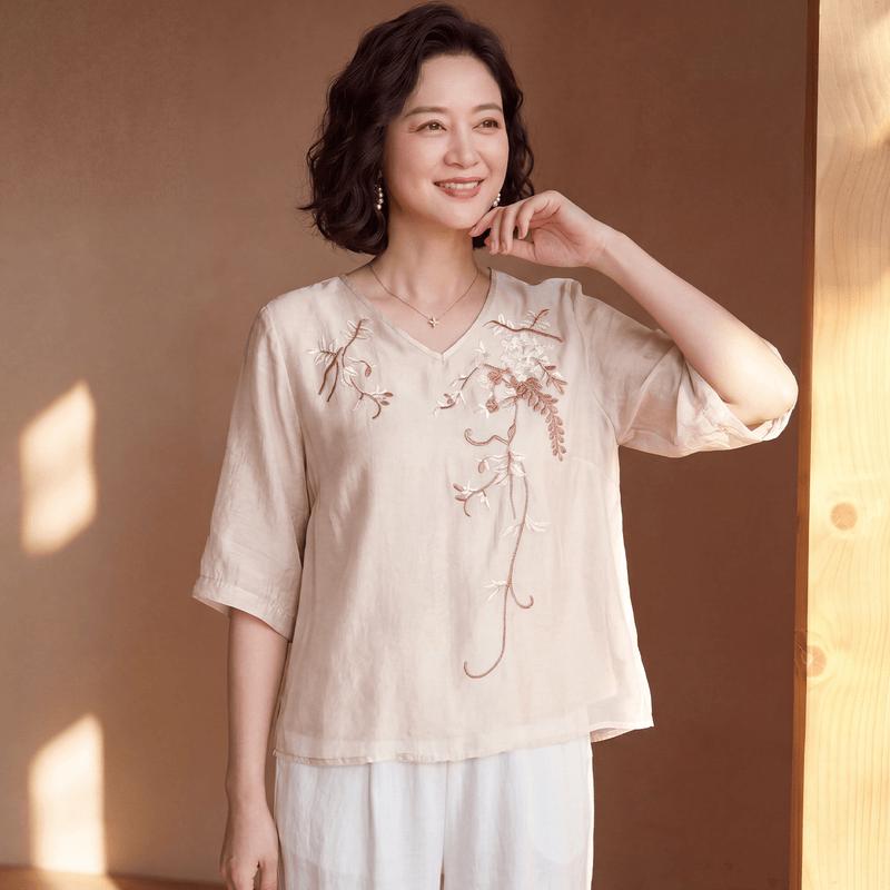Elegant Embroidered V-Neck Summer T-Shirt for Middle-Aged Women 3XL