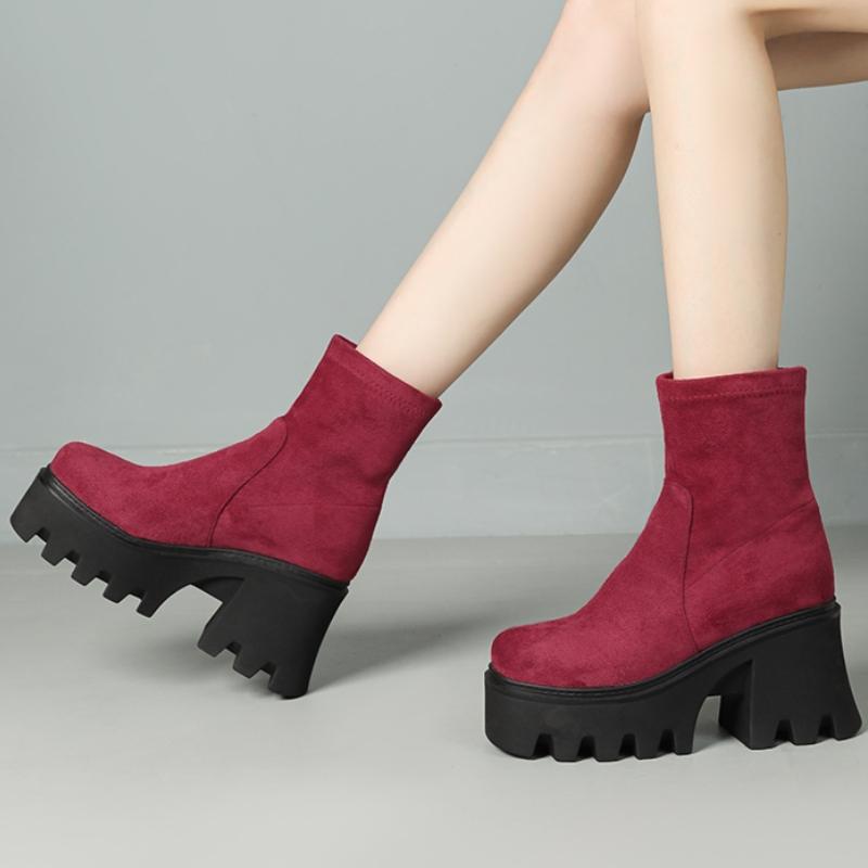 Platformowe Damskie Botki do Kostki Punk Wysokie Obcasy But Motocyklowy Flock Czarny Leopard Jesień Zima Buty Imprezowe Damskie Duży Rozmiar