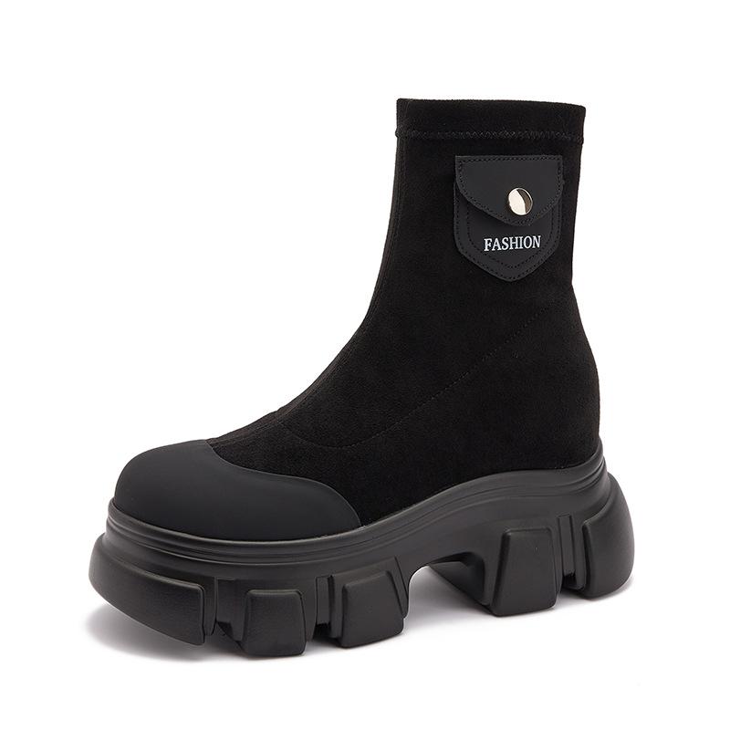 Thick-soled Martin boots women's 2025 autumn and winter new medium tube black boots women's pocket locomotive women's boots inner height-increasi