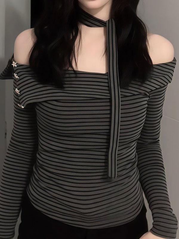 Women's One-Shoulder Black & Gray Striped Slimming Long-Sleeve Top - Autumn Pure Desire Style
