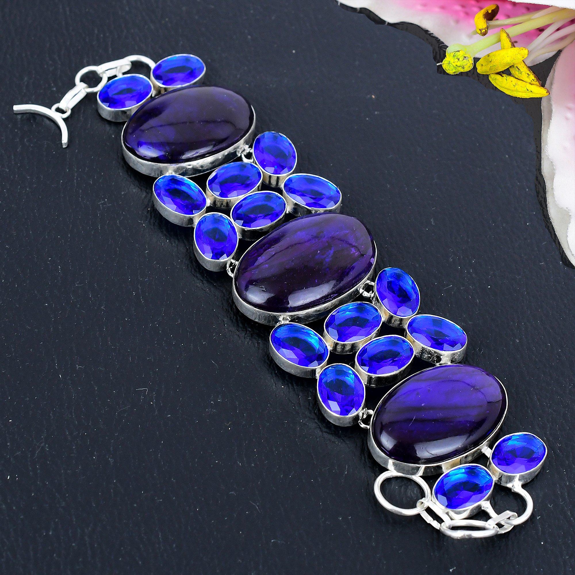 

Labradorite, Blue Topaz Gemstone Handmade 925 Sterling Silver Bracelet 7-8 KG-1821