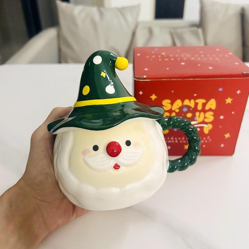Кружка Санта-Клаус 2024 Креативная керамическая кружка с крышкой Высокоценная кружка Праздничный подарок Кофейная кружка для пары 380ml