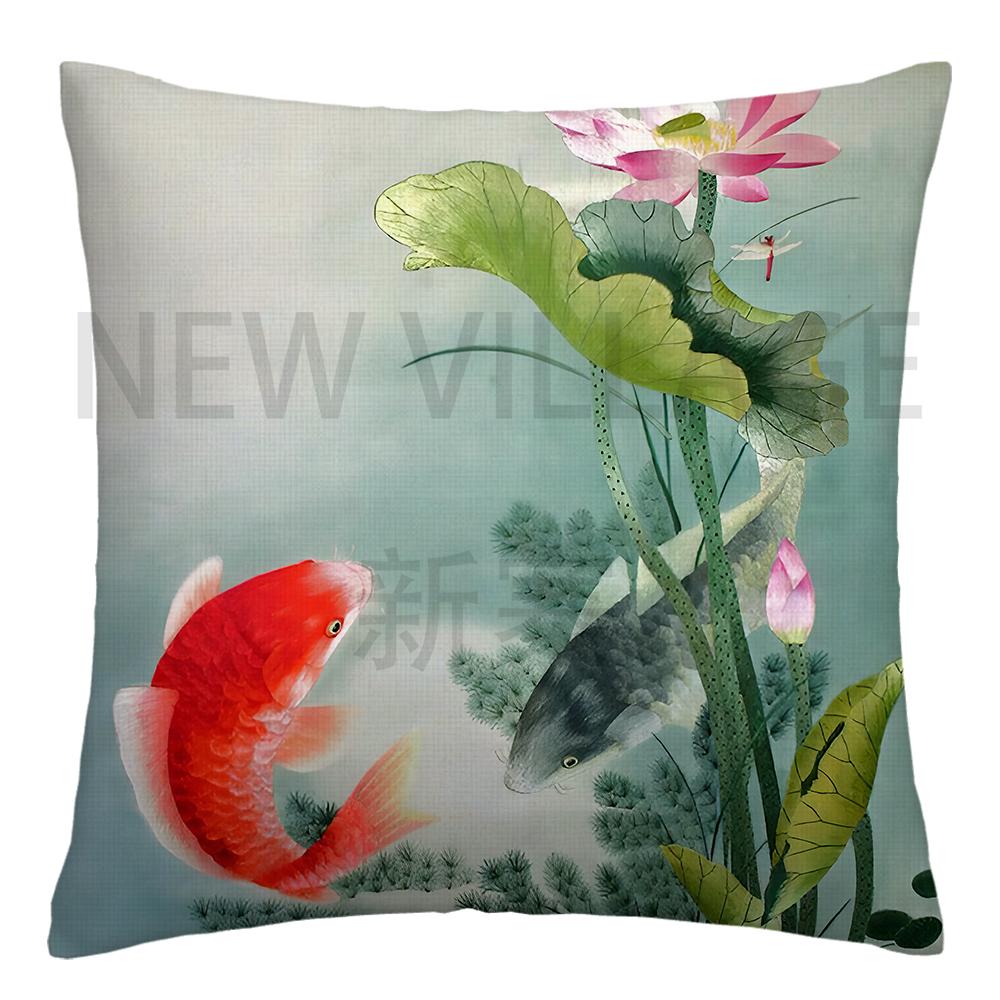 Lotus carp linen Doublesided Printed pillow cover Short plush Suitable living rooms bedrooms sofas throw cushion cover