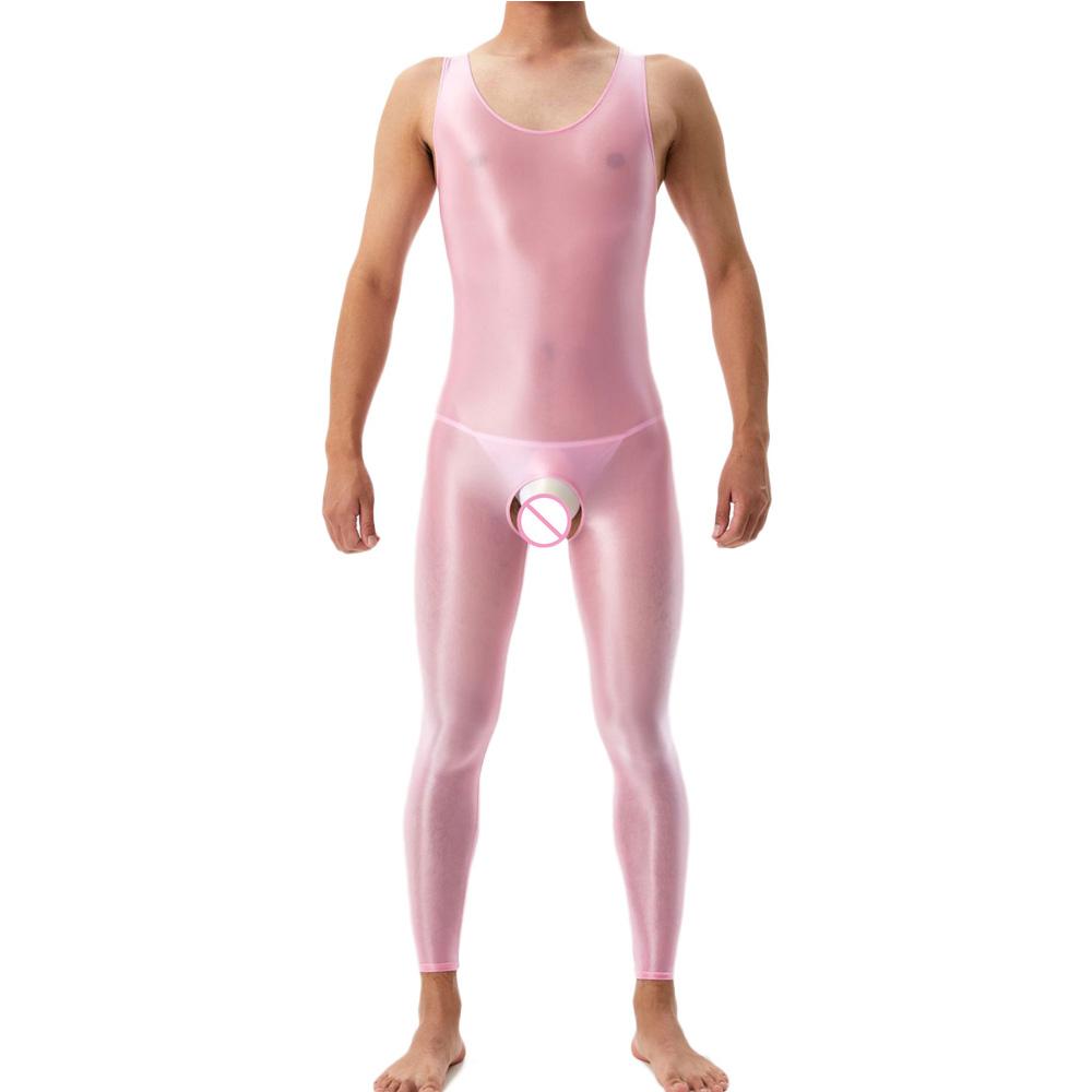 Sexy Crotchless Satin Oil Glossy Shiny Bodysuit Sheer See Through Yoga Tights Elastic Shaping Leotard Jumpsuit Candy Color