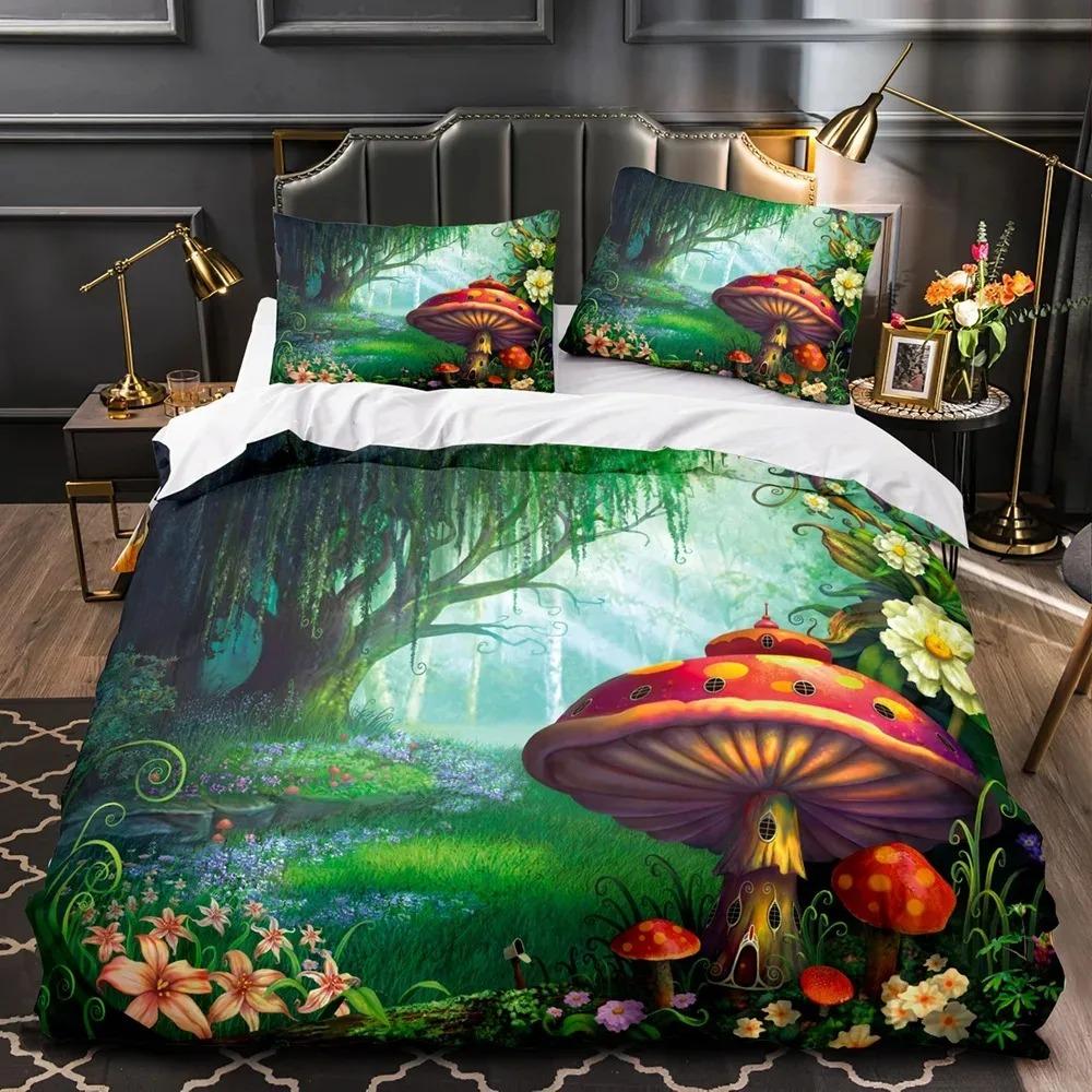 Mushroom Fairy Forest Magic Lilliputian Fungus Plant Bedding Set Boys Girls Twin Queen Size Duvet Cover Pillowcase Bed Boy Adult