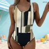 Women Plus Size Scoop Neck Wide Straps High Cut Geometric Printed One Piece Swimsuit