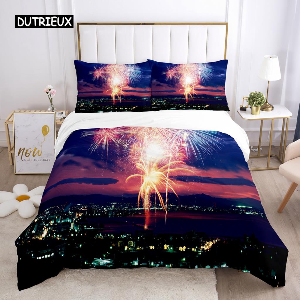 Firework Duvet Cover Set Queen Size Colourful Fires Bedding Set Microfiber Celebrate Merry Christmas Theme Soft Comforter Cover