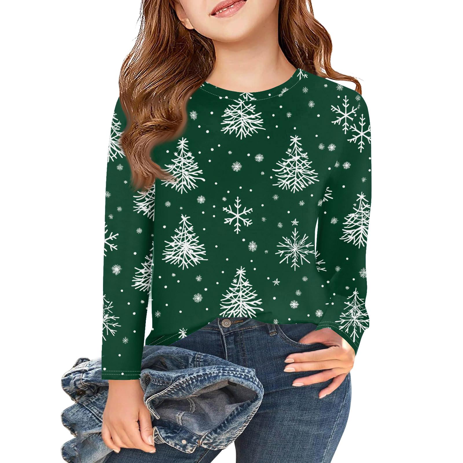 

Рождественские футболки с длинным рукавом для девочек, детские осенние топы с круглым вырезом и принтом, базовые футболки 120