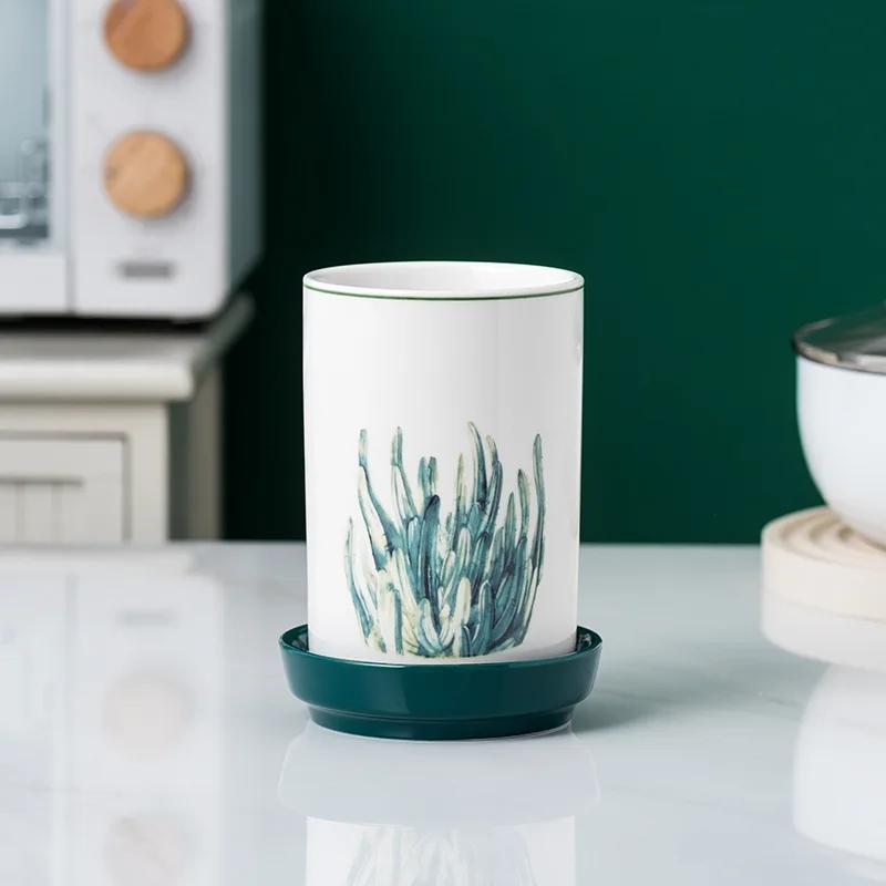 Ceramic Cutlery Holder with Drainer Bottom Cooking Tools Storage Box Gadgets Organizer Accessories Kitchen Uensils