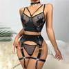 Sexy Lingerie Women Mesh See Through Cross Bra Choker 3pcs Leather Erotic Set Porn Costume Nightwear