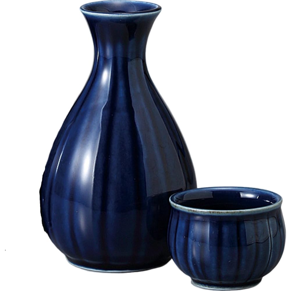 Sake Tokkuri and Ochoko Bottle and x Lapis Chrysanthemum Shape 2 Tokkuri Bottle and Sake Mino Ware Pottery Ale-net Set, (Sake Cup) Set, 8.5cm H14.5cm,