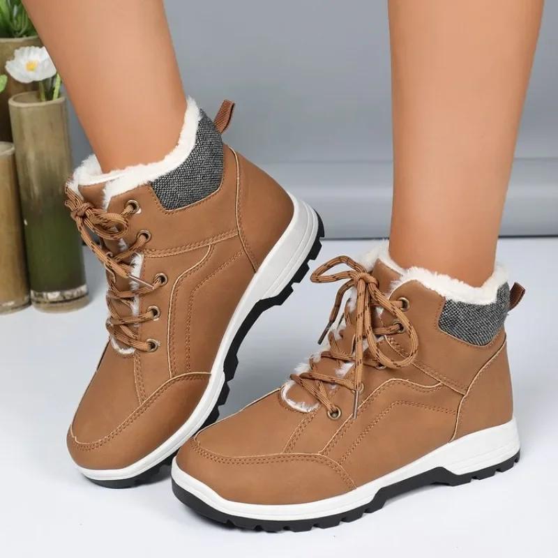 Mode 2024 Heißer Verkauf Schuhe für Damen Schnürstiefel für Damen Winter Runde Zehenpartie Plüschfleece für Wärme Einfarbig Kurzer Schaft Flache Schneestiefel