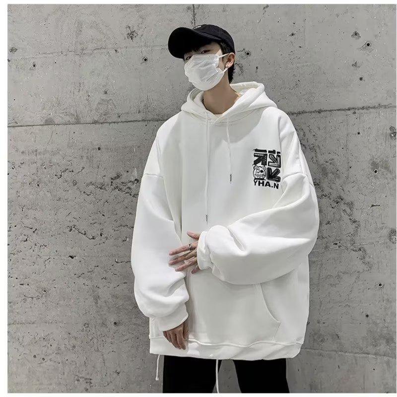 Men's Plus Velvet Hooded Sweatshirt - Large Size, Autumn/Winter, Hip-Hop Style, Trendy Loose Fit, American-Inspired.