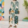 Women Plus Size Tropical Leaf Printed Round Neck Long Sleeve Layered Top Wide Leg Cropped Pants Two Piece Set