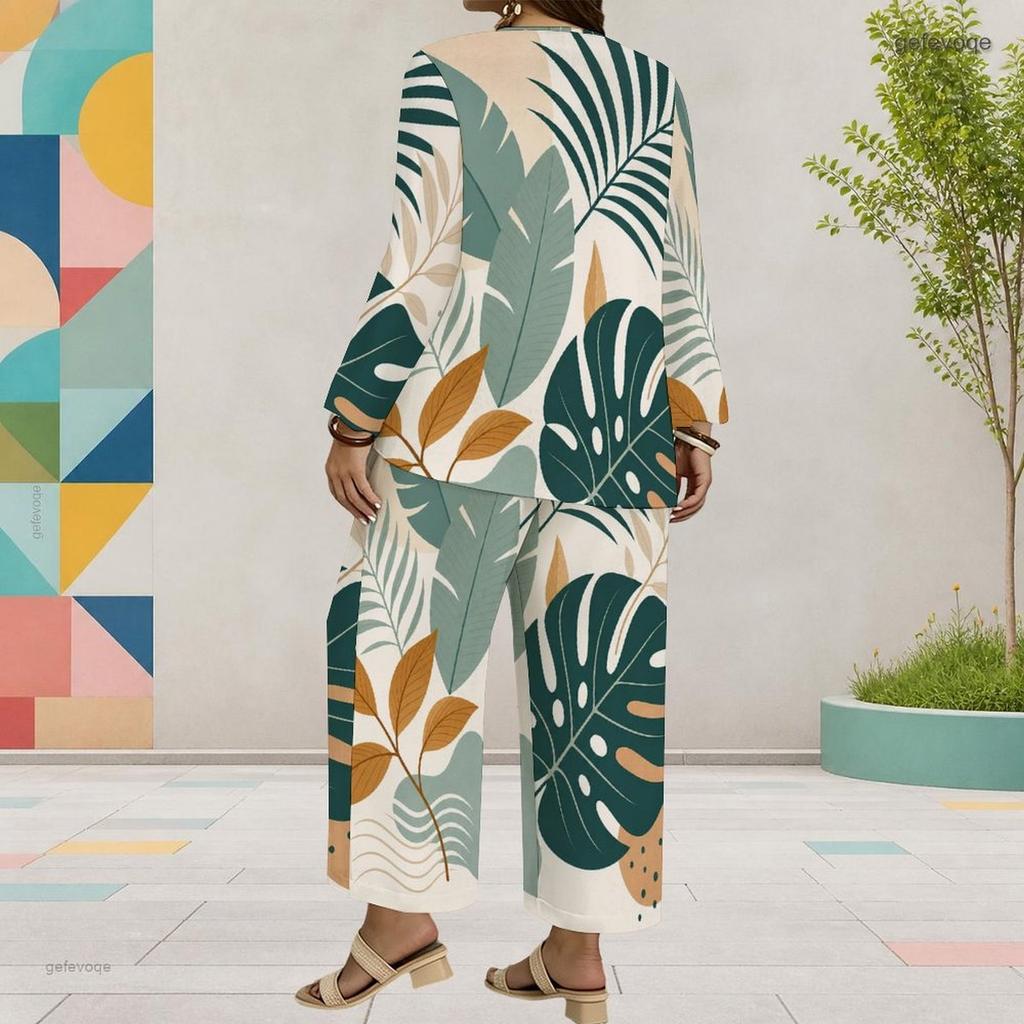 Women Plus Size Tropical Leaf Printed Round Neck Long Sleeve Layered Top Wide Leg Cropped Pants Two Piece Set
