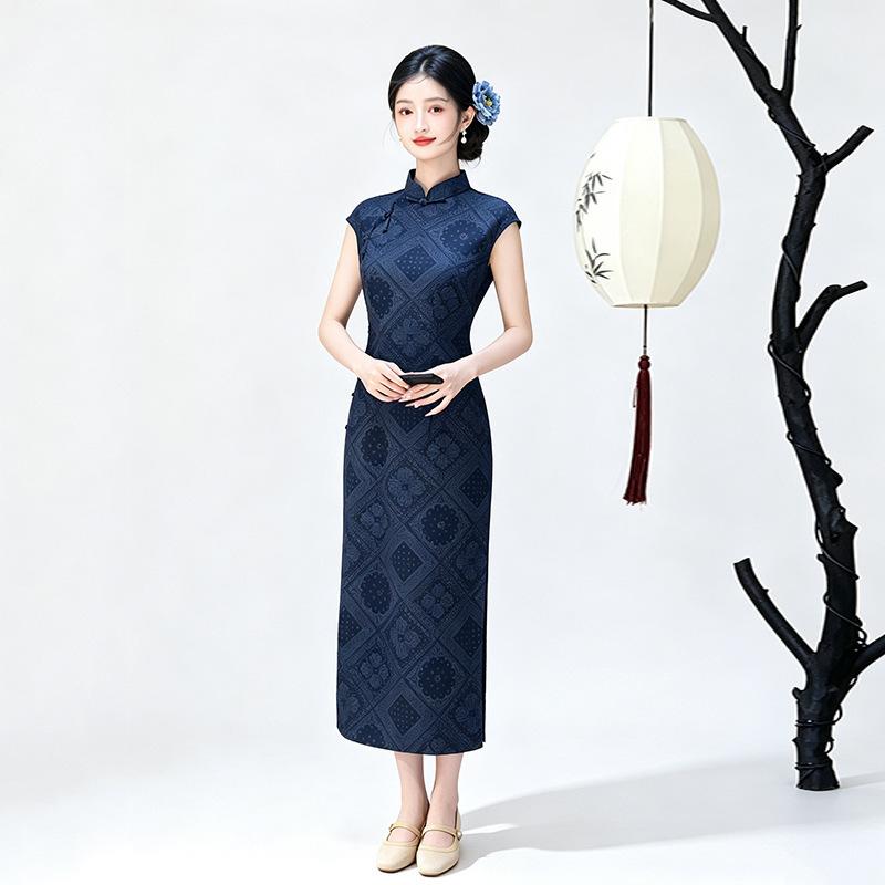 navy blue ancient full placket sleeveless plaid national style new Chinese long cheongsam improved young women's high sense