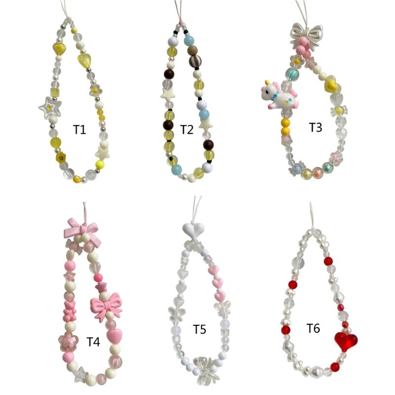 Bowknot Phone Lanyard Short Female Cute Peach Heart Colored Beaded Phone Shell Pendant Accessories Package Decoration