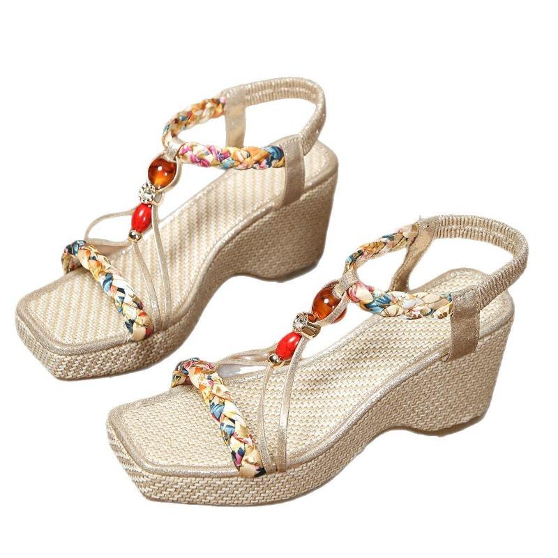 Women’s Bohemian Elastic Strap Wedge Sandals Comfortable Summer Shoes