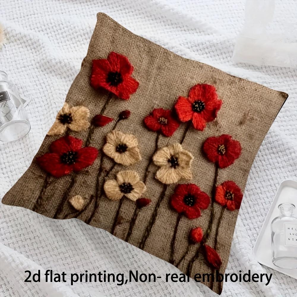 Double Sided Vintage 2D Red Poppy Flower Pillow Cover Rustic Oil Painting Floral Print Soft Throw Pillow Case For Home Decor