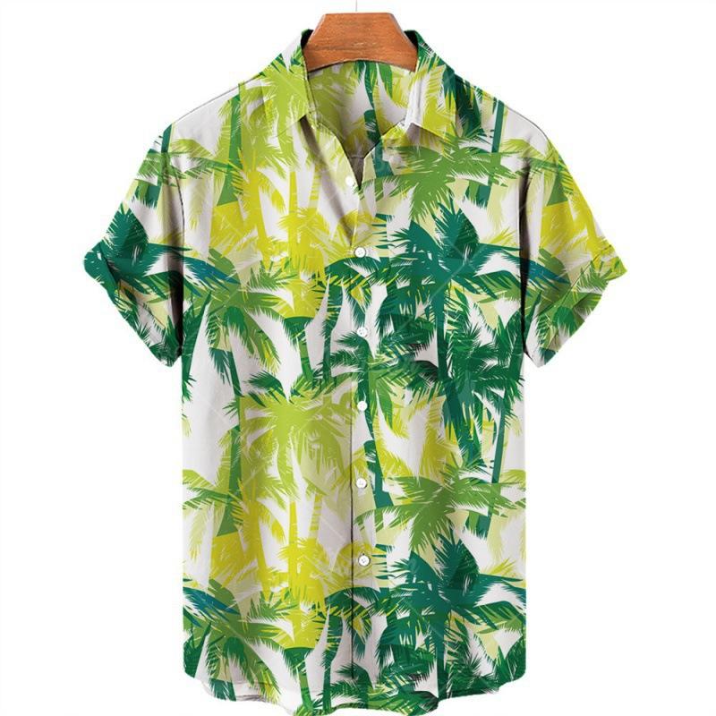 Summer New Large Size Men's Fashion Leaf 1D Digital Printing Shirt Hawaiian Casual Short Sleeve