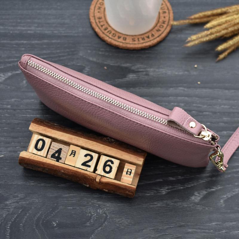 Simple Style High Capacity Womens Genuine Leather Phone Holder Long Purse Zipper Clutches HandBag with Wrist Strap